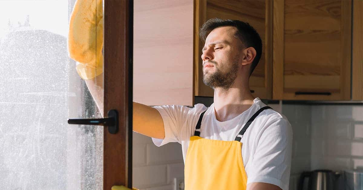 Hombre limpiando ventana de pvc